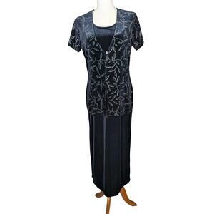 Vintage Kathie Lee Black Velvet Short Sleeve Dress Size Medium Rhinestone Floral